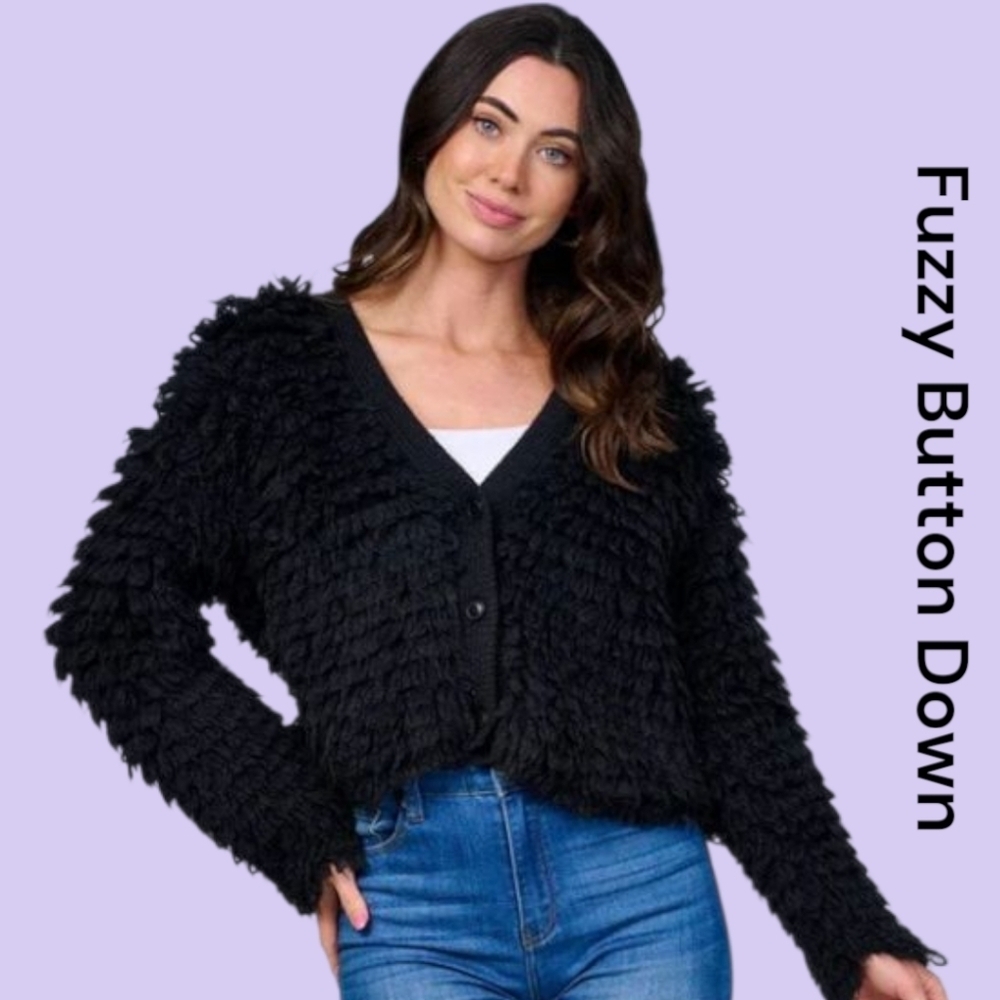 Mustard Seed Black Fuzzy Button Down Sweater. Sizes Small, Medium, Large